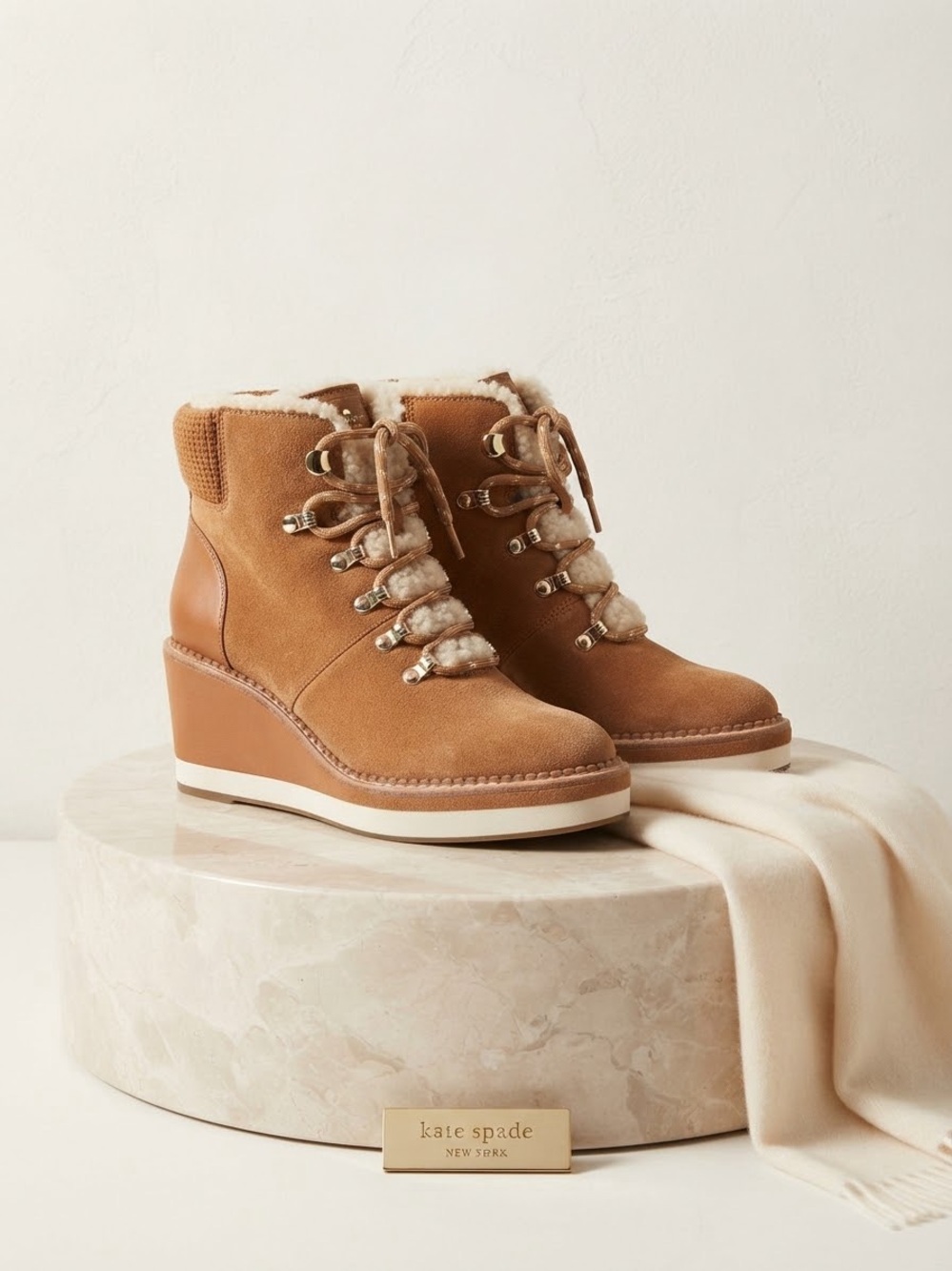 Kate Spade New York "Willow" Tan Suede Wedge Hiking Boots Size 8 Like New